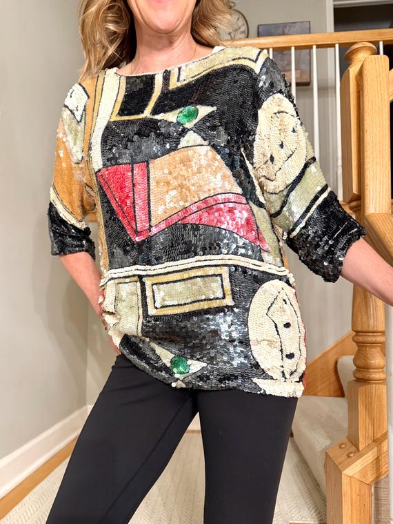 Size Medium//Avant Garde Retro Top// Silk Sequin … - image 8