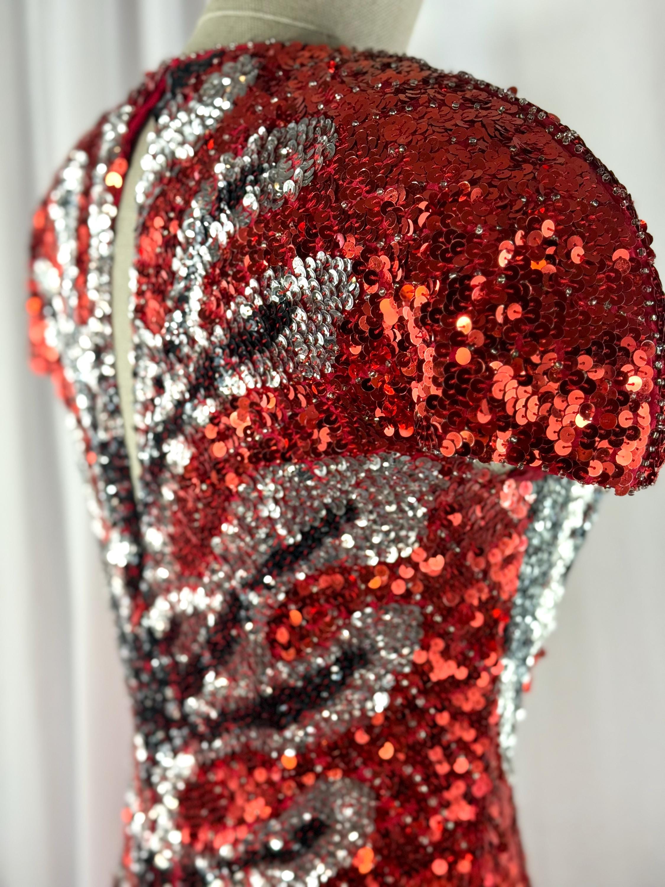 Size 10//Vintage 80's Red Sequin Gown//Silver Flames Statement Dress//Open Front Red Carpet Gown Size 10//Vintage 80's Red Sequin Gown//Silver Flames Statement Dress//Open Front Red Carpet Gown