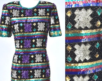 Vintage Multicolor Sequin Dress, Geometric Beaded Cocktail Dress, Black Purple Silver Party Dress (Sz S)