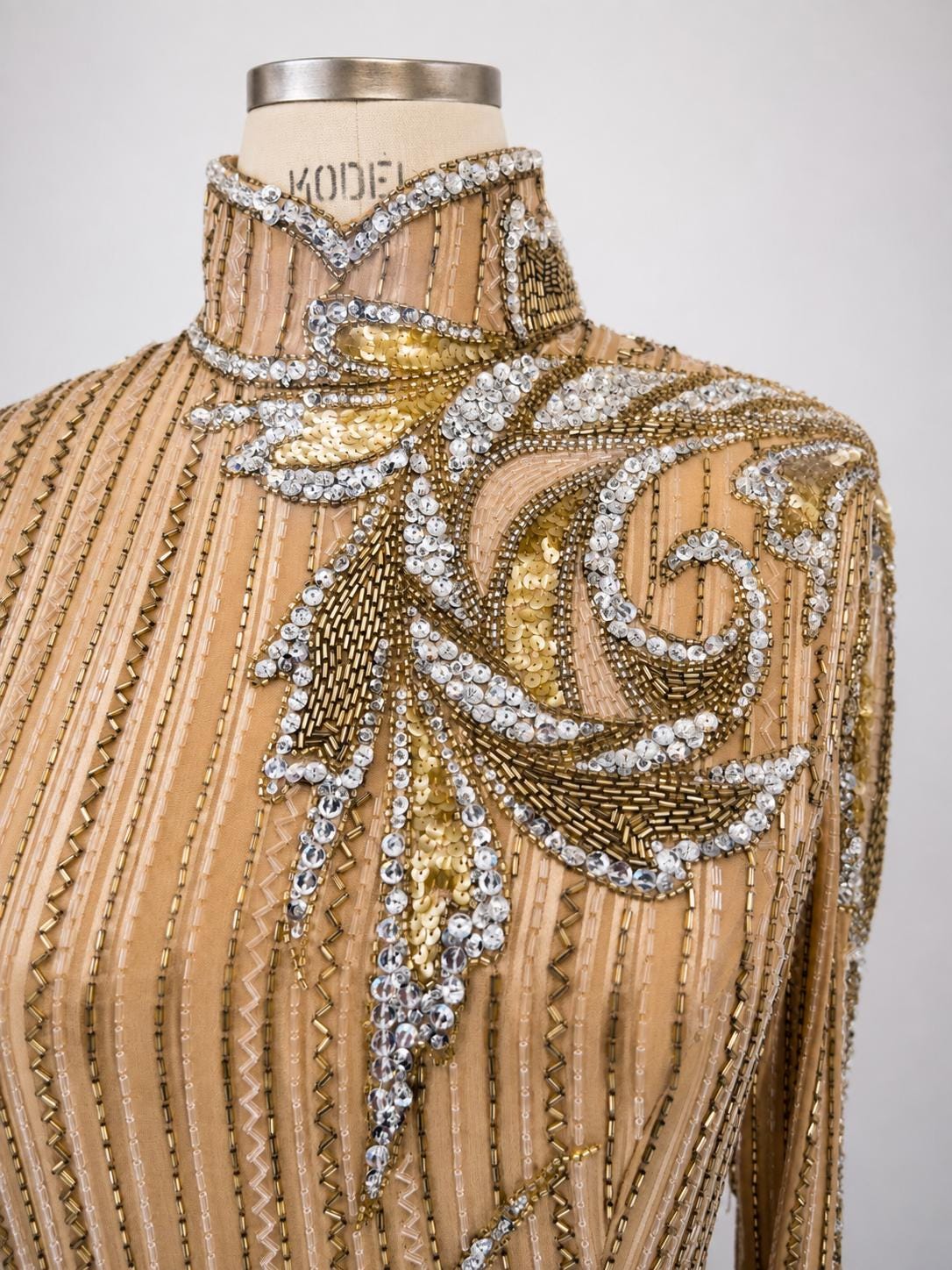 bob mackie gold dress Vintage Beaded Evening Gown, Couture Rhinestone Formal Dress, High Neck Embellished Black Tie Gala (sz 12) SHEER-BODICE