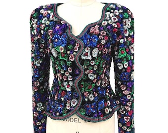 Vintage Sequin Floral Jacket, Colorful Embellished Evening Jacket, Luxe Floral Sequin Blazer (Sz S)