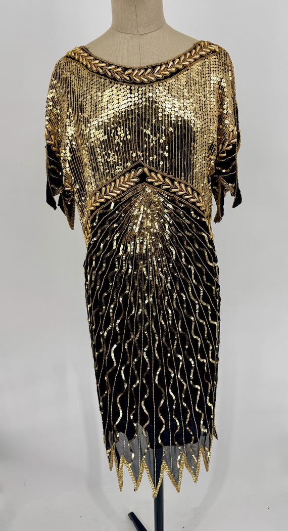Sz XS//Gatsby Gold Waterfall Sequin Dress //Vintage 80s Beaded Black Dress//Metallic Art Deco Statement Dress