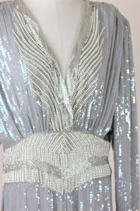 Sz L// Gray Pearl Beaded Sequined Dress// Long De… - image 6