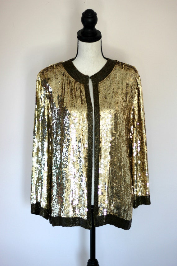 Size Large// Vintage 80s Gold Sequins// Jacket Se… - image 2