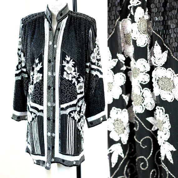 Sz L//STUNNING Black White Duster Kimono// Sequin