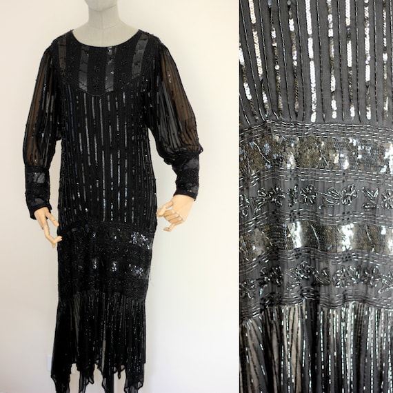 Sz S//Gatsby Style Black Sequin Gown//Sheer Sleev… - image 1