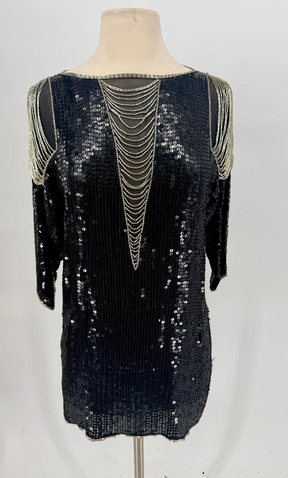 Sz XS//Cache Art Deco Beaded Sequined Tunic with … - image 4