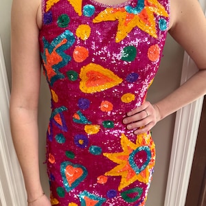 Size S//80&#39;s Glam Sequin Dress//Bold and Funky Vintage Sequin Party Dress