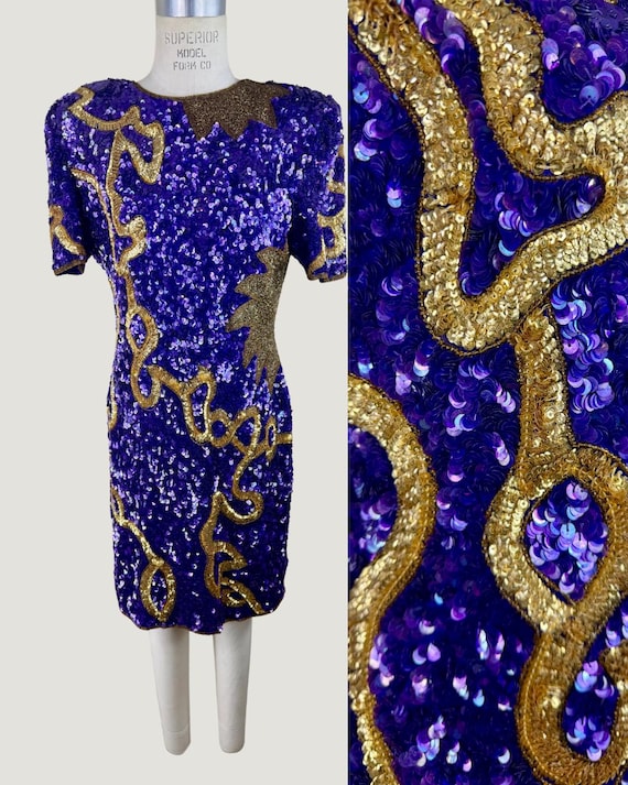 Size L//Purple Sequin Cocktail Dress with Gold Glam Dress//Bold Gold Abstract Beaded Party Dress