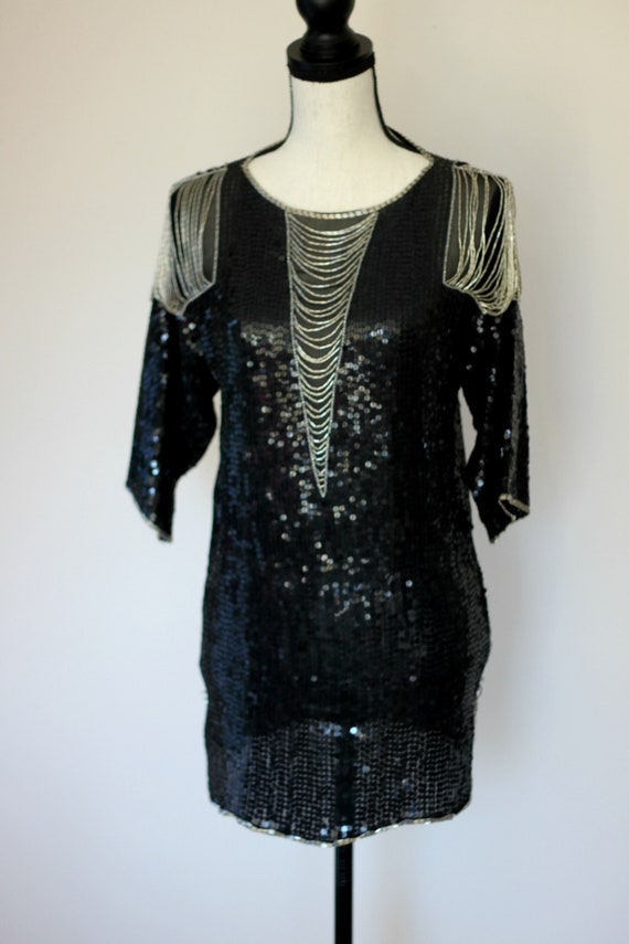 Sz XS//Cache Art Deco Beaded Sequined Tunic with … - image 3