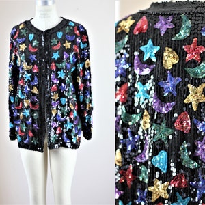 Sz XL//Stars Moons hearts Sequin Beaded jacket// Fun colorful