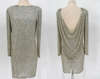 Vintage Oleg Cassini Black Tie Silver Beaded Dress, Draped Cowl Back Long Sleeve Cocktail Dress (Sz 8)