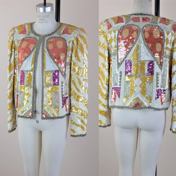 Sz M// Darling Short Colorful sequin jacket// Vtg… - image 1