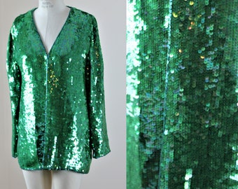 Sz S// Emerald Green Sequined Jacket// All sequined vintage jacket