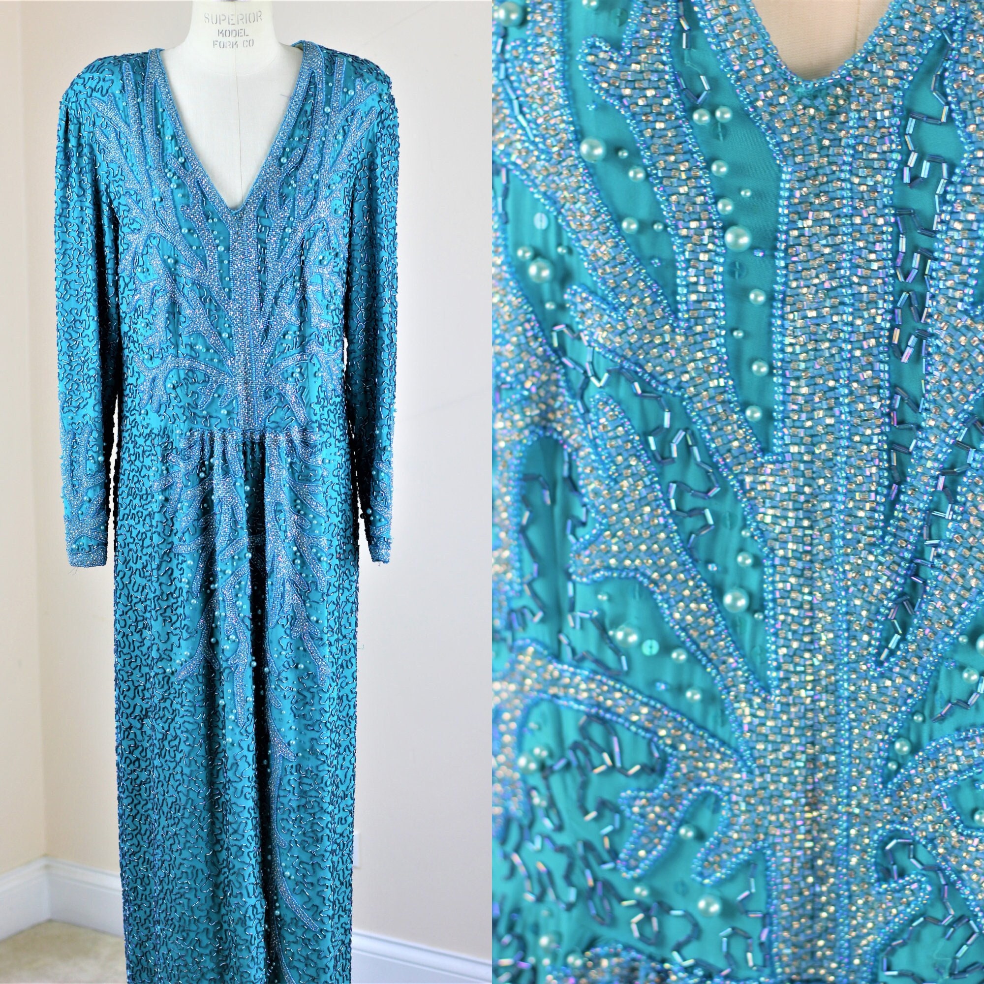 Sz XL// Heavily beaded Turquoise Dress// Pearl beads sequins