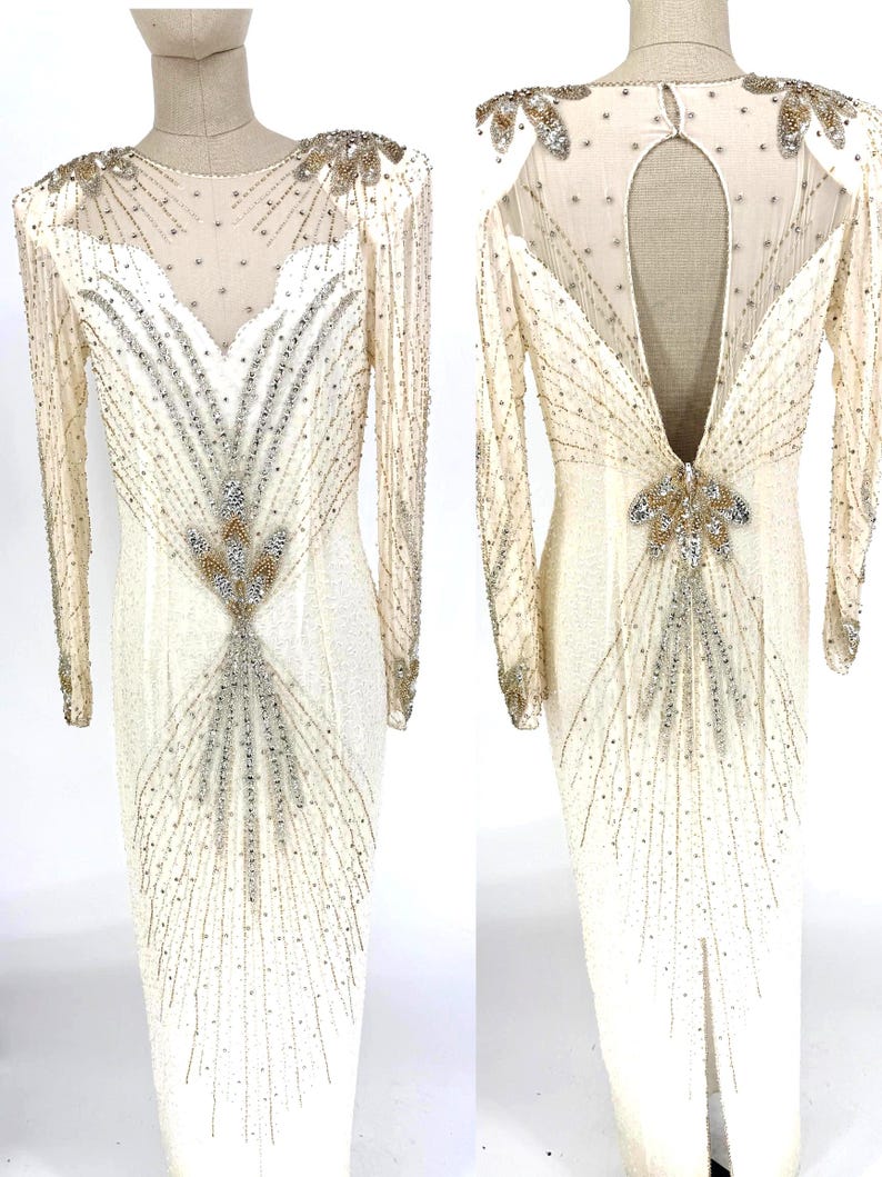 Sz 12//80er Jahre Perlen Paillettenkleid//Art Deco Abendkleid//Old Hollywood Glam//Vintage Brautmutterkleid Bild 1