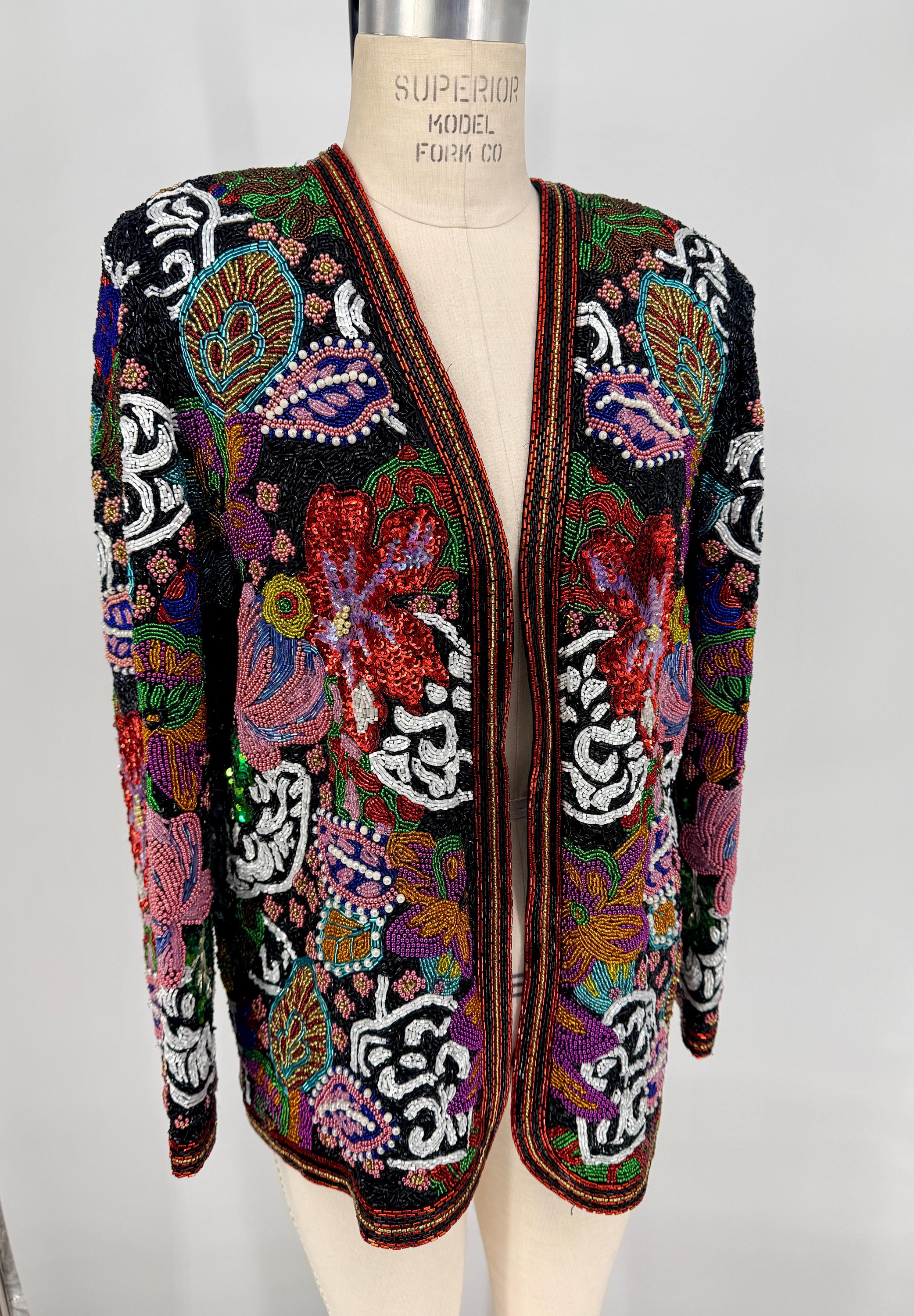 Sz M//incredible Heavy Beaded Long Jacket//colorful Tapestry of 