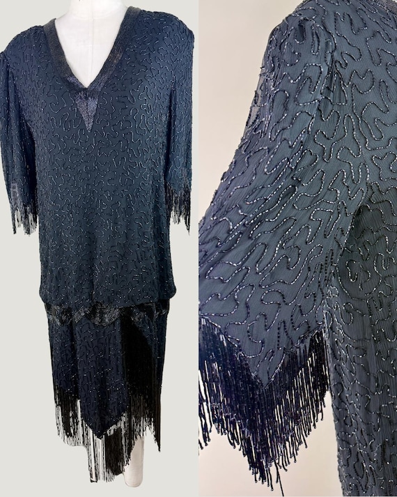 Size XL//Vintage Lillie Rubin Black Beaded Flapper Dress//80s Gatsby Fringe Dress | Art Deco Sequin Party Dress