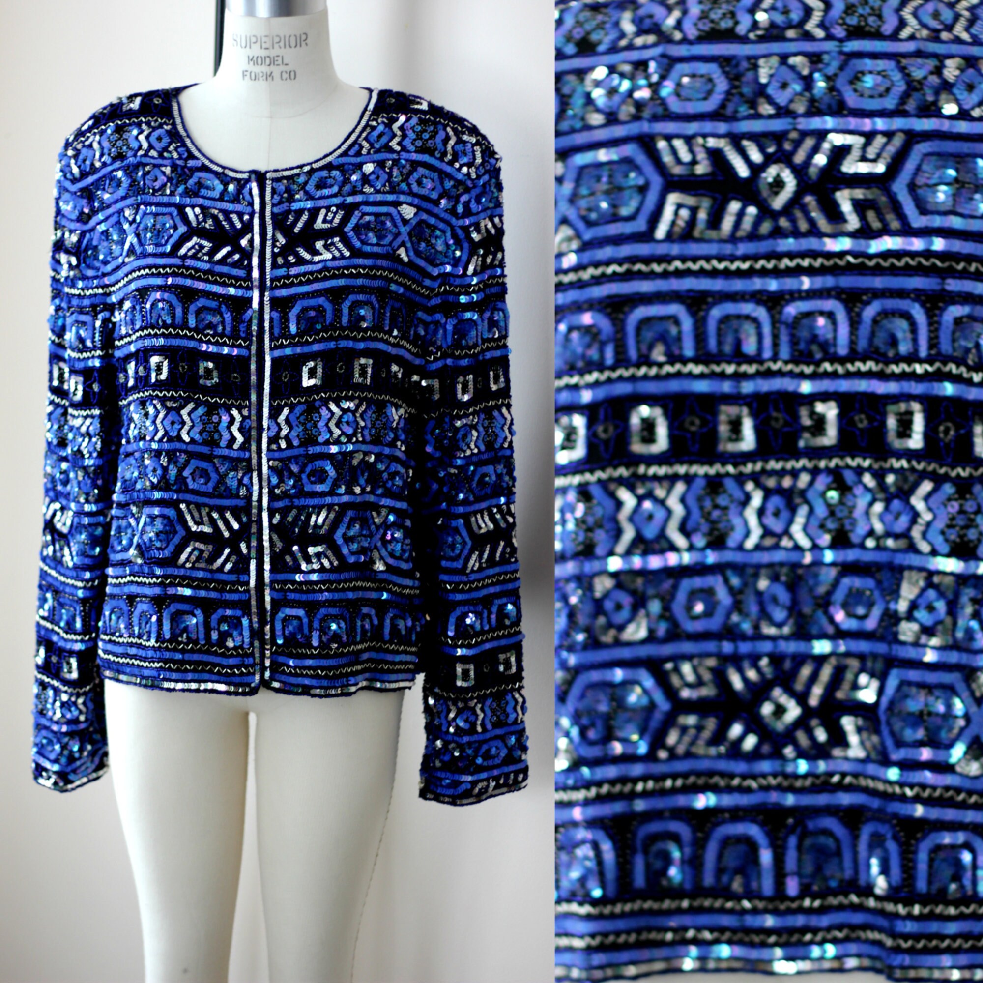 Sz 16//heavily Beaded Blue Jacket// Geometric Striped