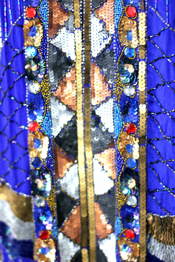 Sz L// Blue Sequin Beaded Jeweled Long Jacket// D… - image 5