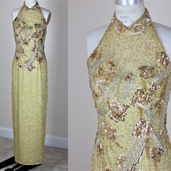 Sz 6// Vintage Beaded couture dress// Long gold g… - image 1