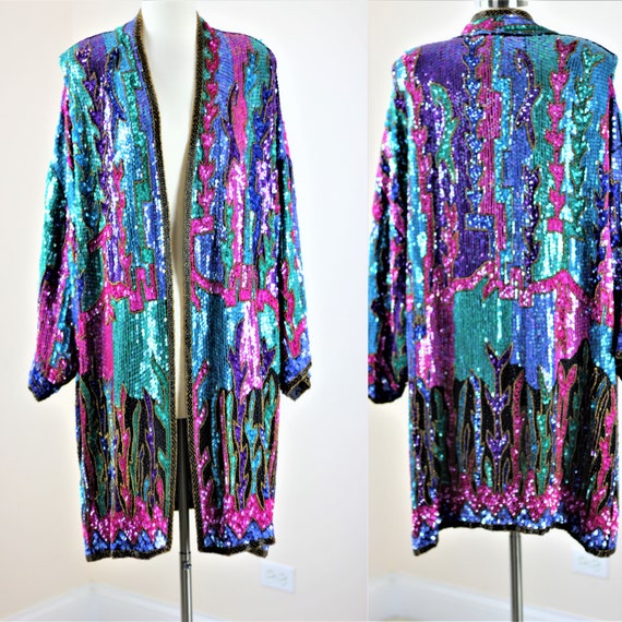 Sz 1x// Fabulous Sequin Coat Kimono// Beads silk … - image 1