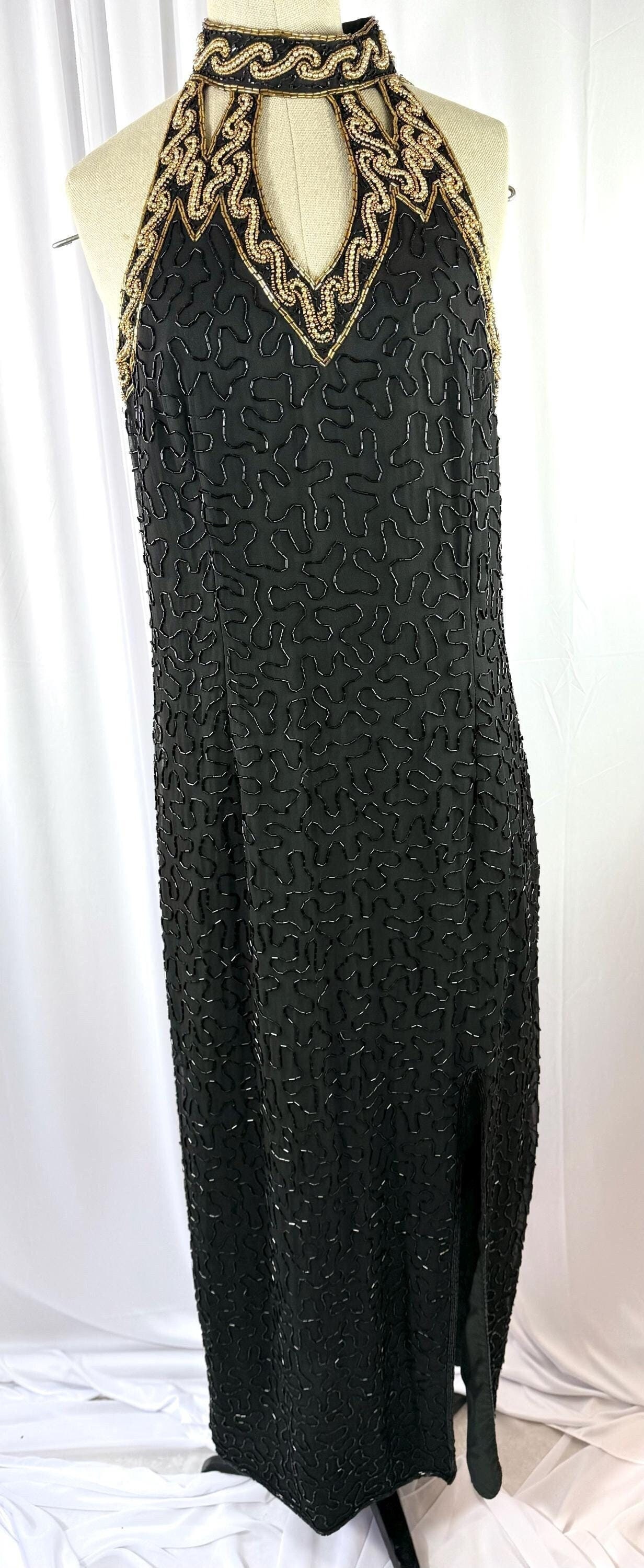 Size 12//vintage Black Beaded Halter Dress With Gold Embellished Neckline//glam 80s Evening Gown - Etsy Size 12//vintage Black Beaded Halter Dress With Gold Embellished Neckline//glam 80s Evening Gown - Etsy