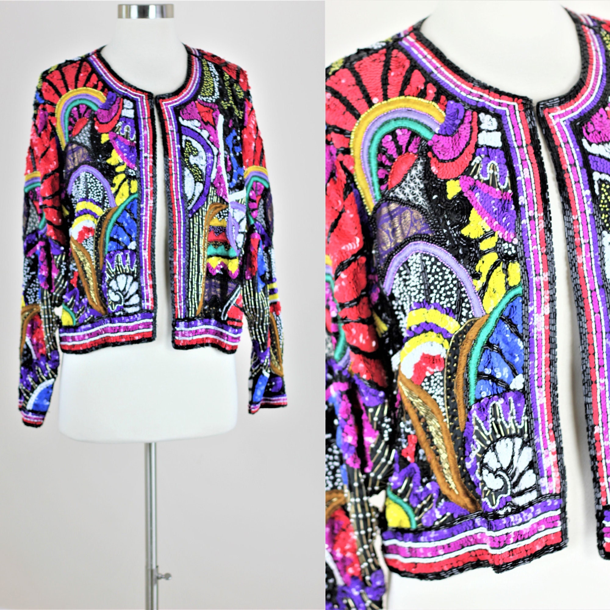 Sz S//funky Bold Colors Judith Ann Jacket//heavily Sequined Beaded