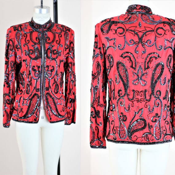 Sz S// Vtg Judith Ann Creations Red silk black se… - image 1