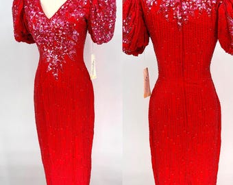 Sz 8//Red Silk Sequin Evening Gown//80s Hollywood Glam Statement Dress//Puff Sleeve Beaded Red Carpet Gown