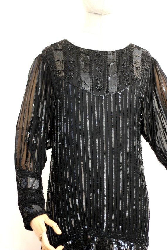 Sz S//Gatsby Style Black Sequin Gown//Sheer Sleev… - image 4