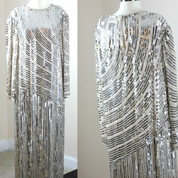 Plus Sz 2X// Long Champagne Flapper Style Dress//