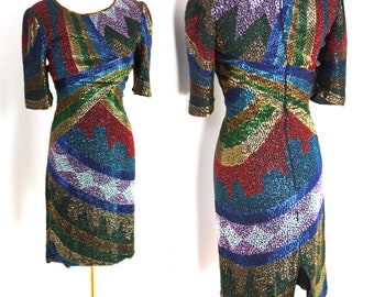 Sz XS//Stunning Heavily Beaded Colorful Party Dress//Vintage 80s Glam Dress
