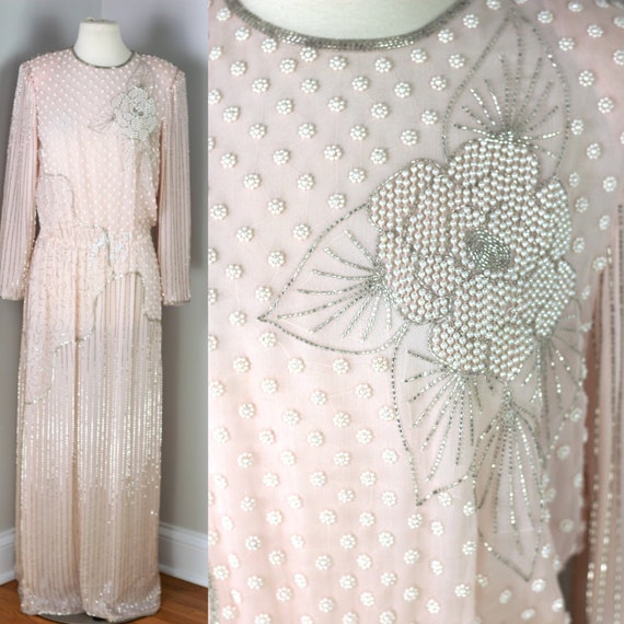 Sz S//Hand Beaded Couture//Vintage Judith Ann Blush Pink Dress//Silk Pearl Beaded
