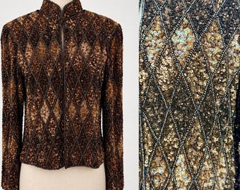 Vintage Bronze Sequin Jacket, Brown Beaded Harlequin Zip Front Mandarin Collar Evening Jacket (Sz L)