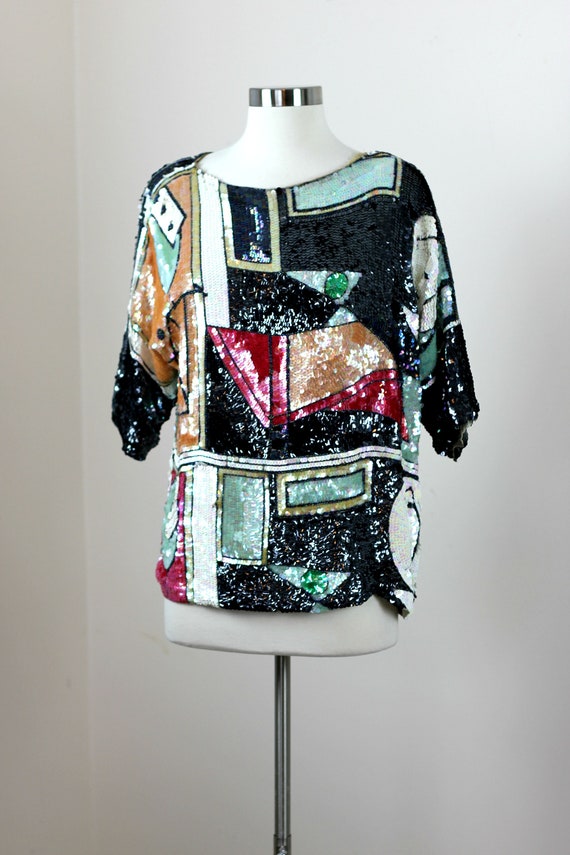 Size Medium//Avant Garde Retro Top// Silk Sequin … - image 6