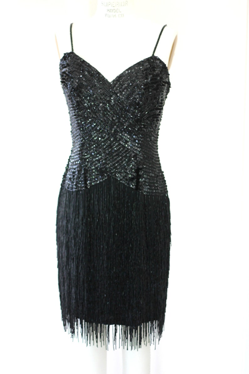 Heavily Beaded Black Fringe Gatsby party Dress Formal sequined