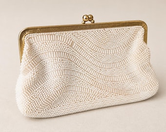 Vintage La Regale witte clutch met kralen, ivoorkleurige bruidsavondtas, Art Deco clutch met kralen en kliksluiting voor bruiloften