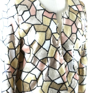 Sz S// Sequin Stained Glass Look Jacket//White with Pink, Yellow, and Silver