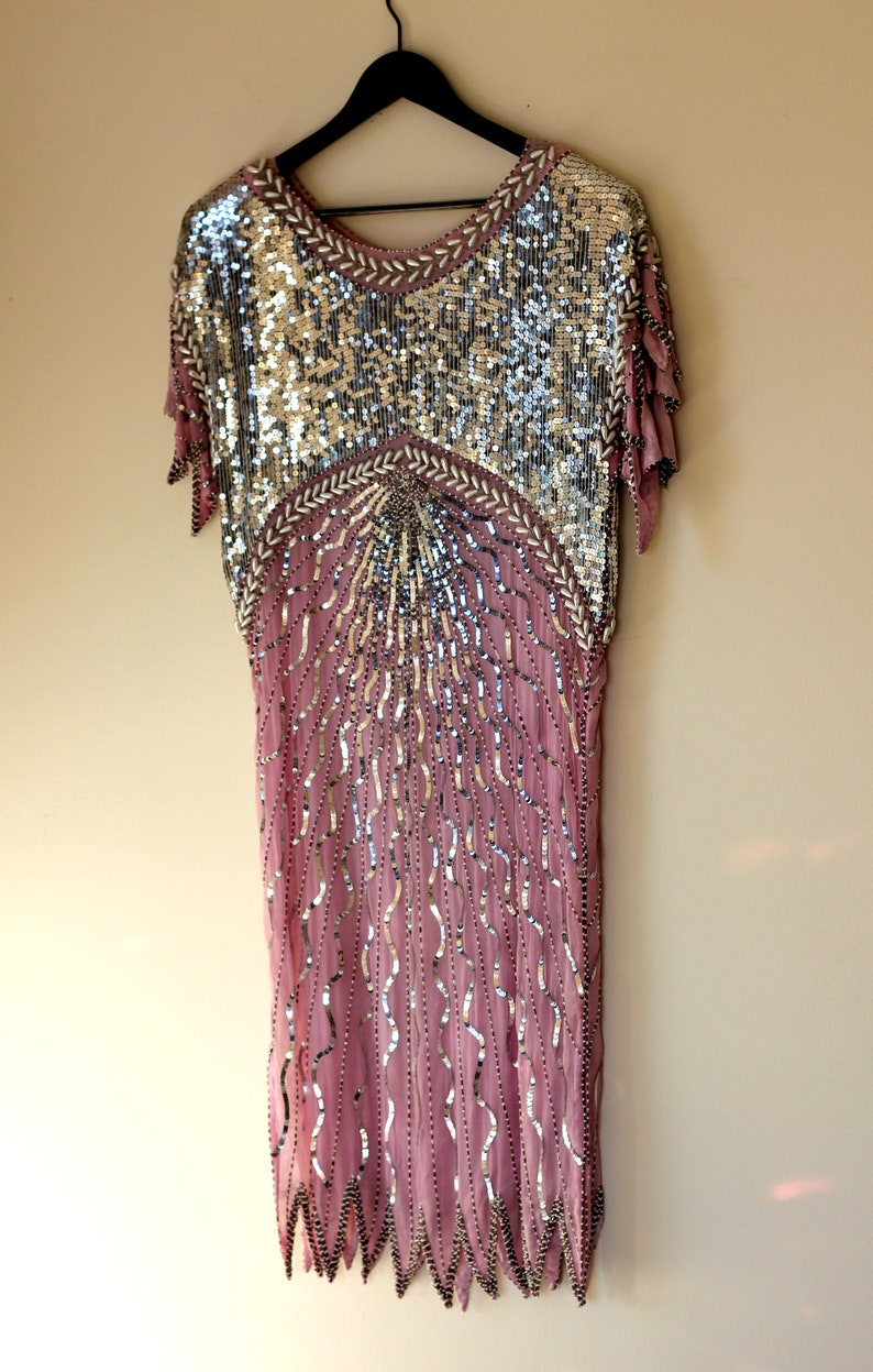 Mauve Pink Silver Flapper Style Vintage Sequin Beaded Dress