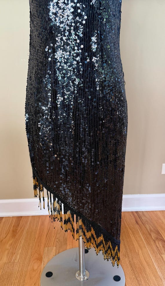 Vintage Black Sequin Fringe Dress: Gold Chevron Beaded Flapper, Gatsby Cocktail Party (sz M)