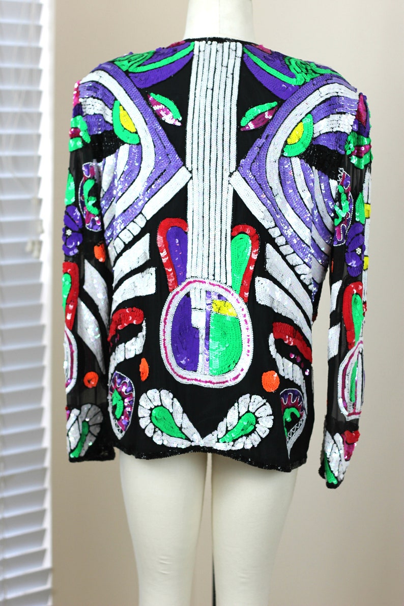 Size L//Abstract Beaded Sequin jacket// Novelty Guitar Music// Vintage image 4