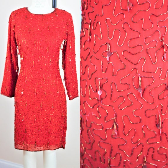 Sz S// Red wiggle dress dripping in beads// Silk - image 1