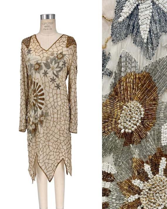 Vintage Couture Hand Beaded Dress, Floral Pearl & Bugle Bead Silk Cocktail Dress,  Luxury Vintage Art Deco Dress (Sz M)