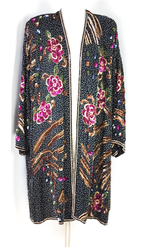 Sz XL// Amazing Duster Coat// Beaded sequins FLor… - image 3