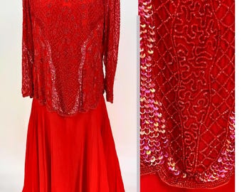 Vestido formal vintage rojo con lentejuelas y cuentas, falda de gasa y top de manga larga (Talla L)