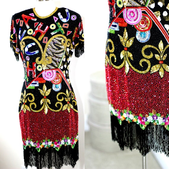Size S//Stunning Heavily Beaded Naeem Khan Riazee// Sequin Jeweled Dress// Beaded Fringe Flapper Dress