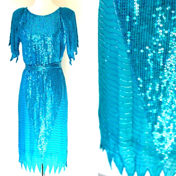 Size S//Gatsby Party Sequin Dress w belt// Vintag… - image 1
