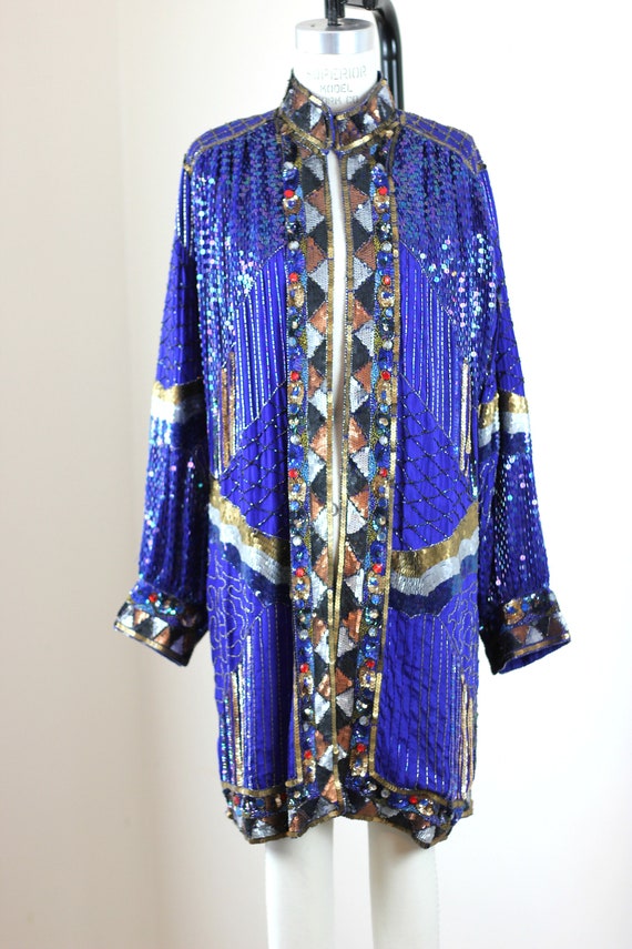 Sz L// Blue Sequin Beaded Jeweled Long Jacket// D… - image 6