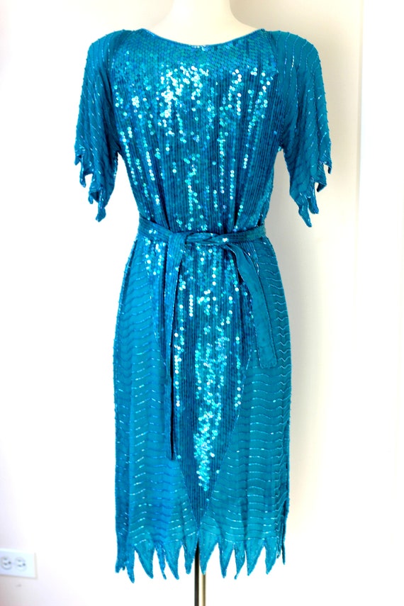 Size S//Gatsby Party Sequin Dress w belt// Vintag… - image 9